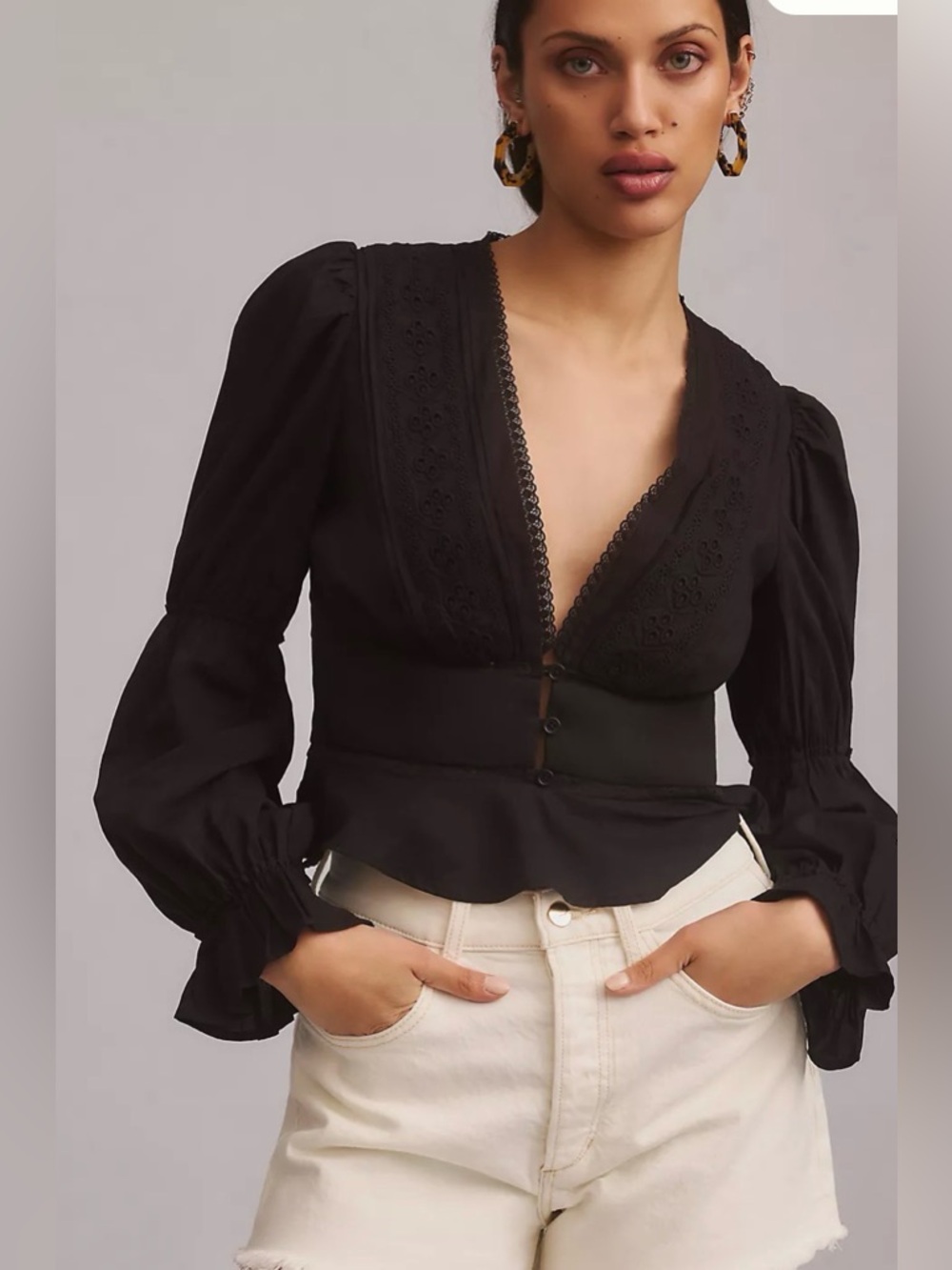 Reformation Meadowlark Black Embroidered V-Neck Peplum Blouse 4